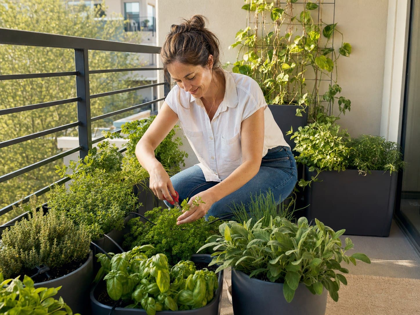 Conceptual compact edible container garden on a modern patio