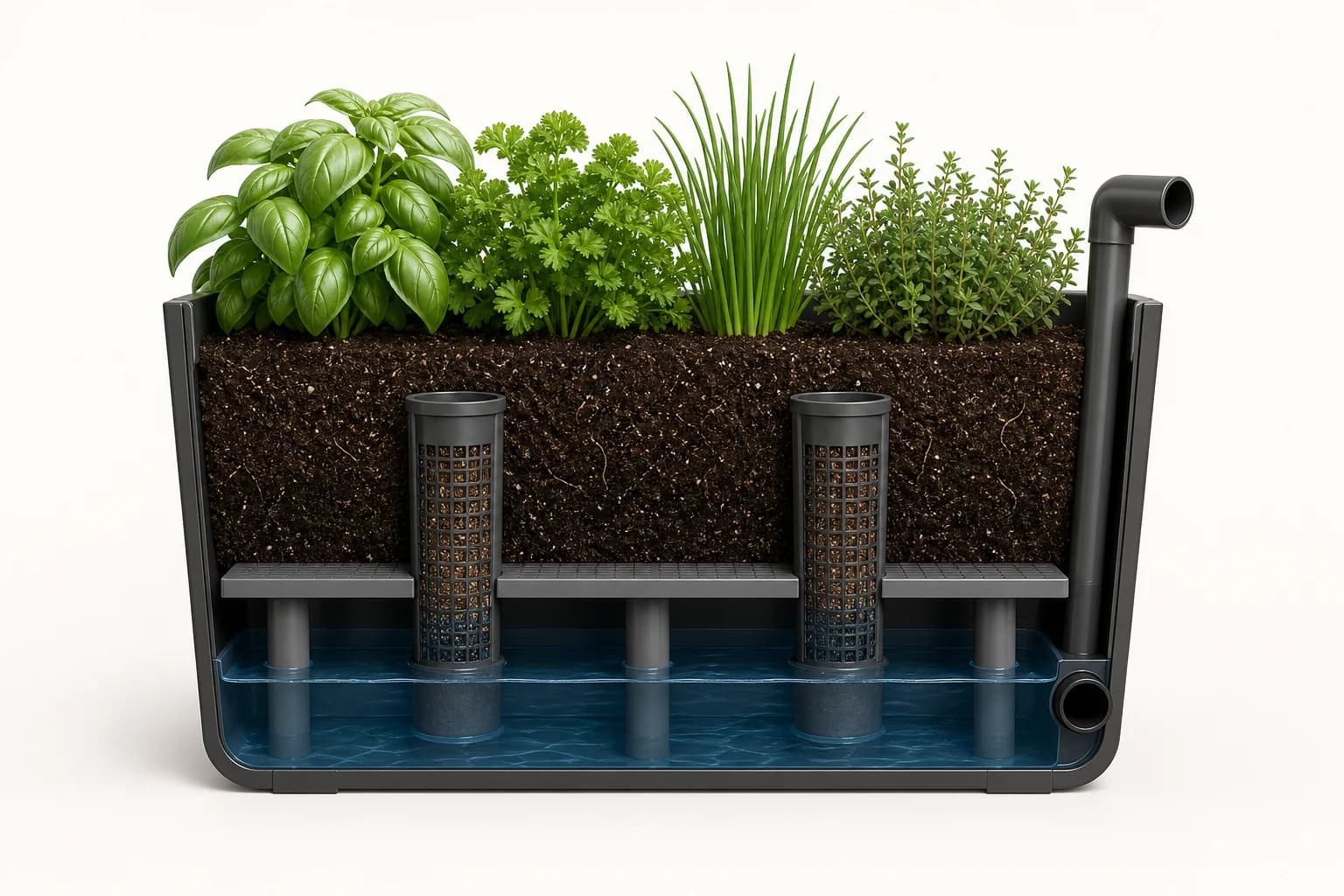 Conceptual cutaway of the MarketBrug self-watering prototype showing plants, growing medium, wicking columns, false floor and water reservoir